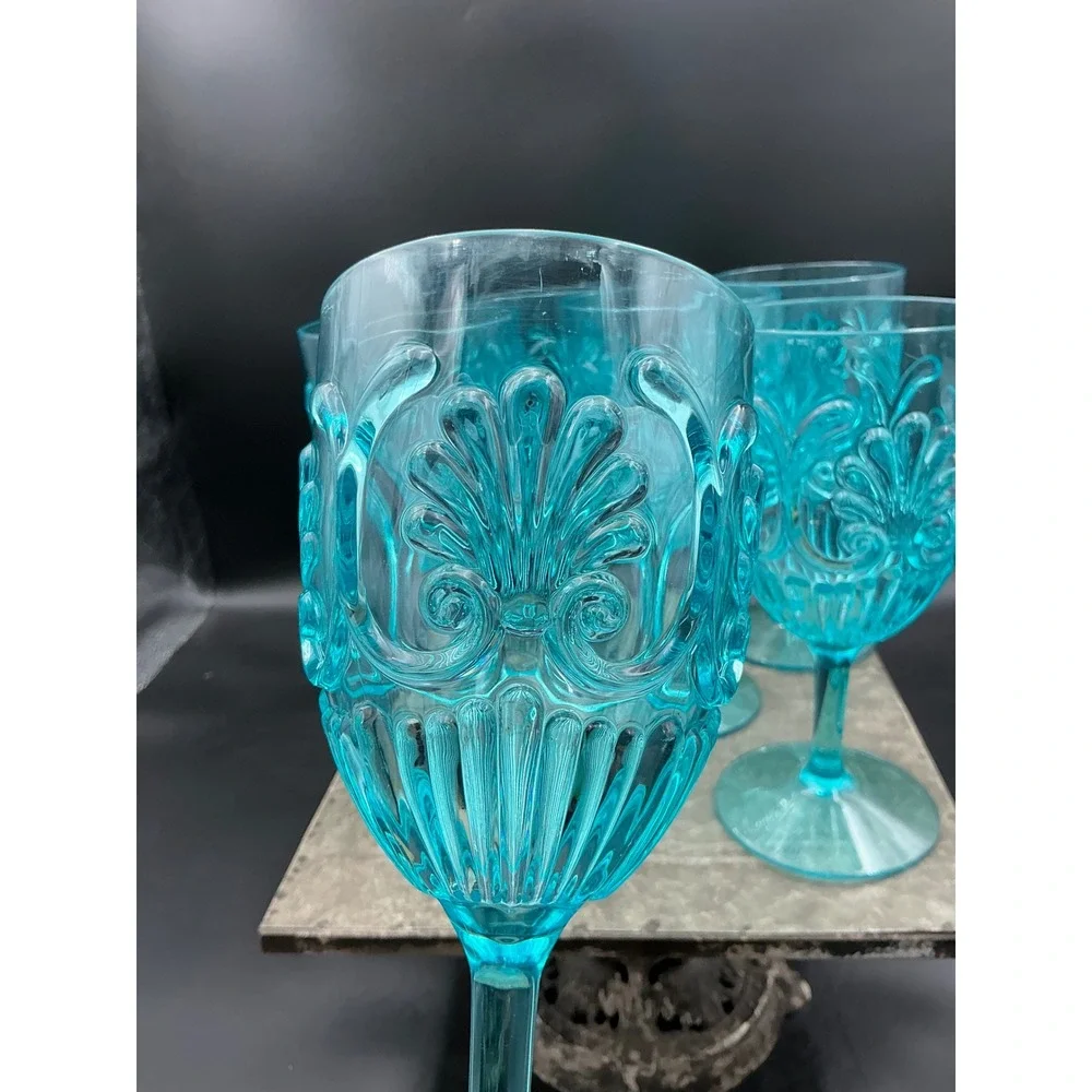 Set of 6 Turquoise Blue Acrylic Wine Goblets Embossed Scroll Pattern 7 inch
